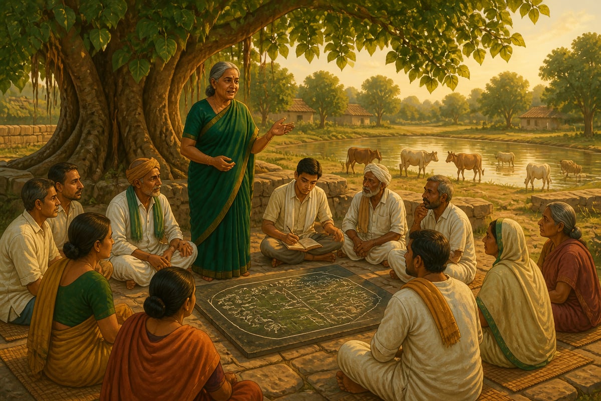 A gram sabha meeting under a peepal tree managing commons