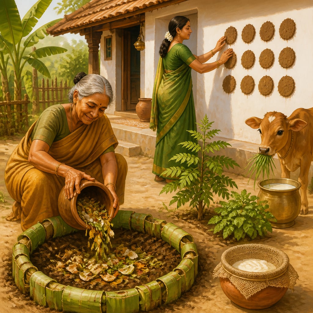 A village courtyard zero-waste compost and dung-cake cycle