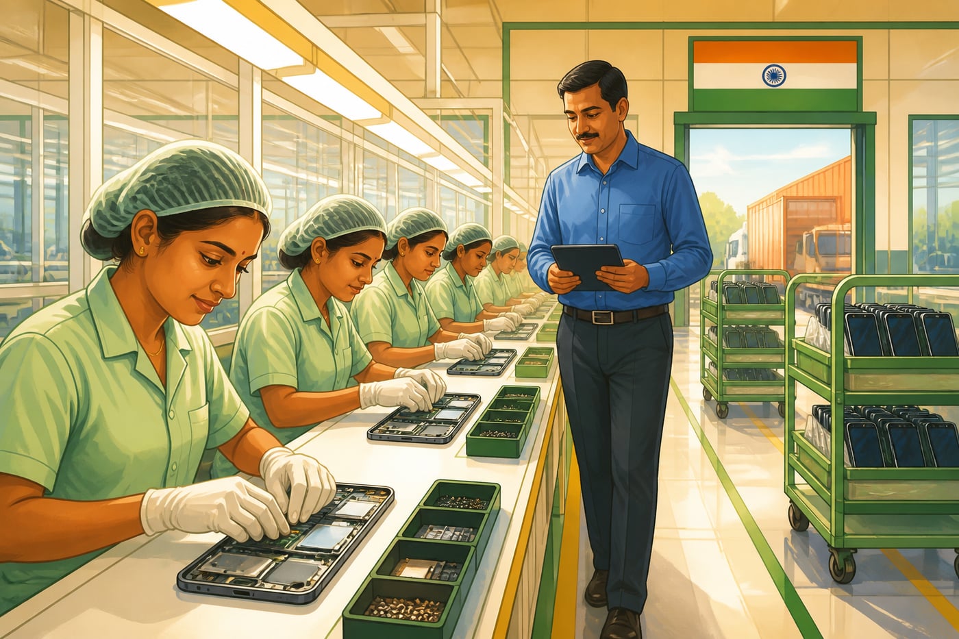 A modern Indian electronics manufacturing line in Tamil Nadu