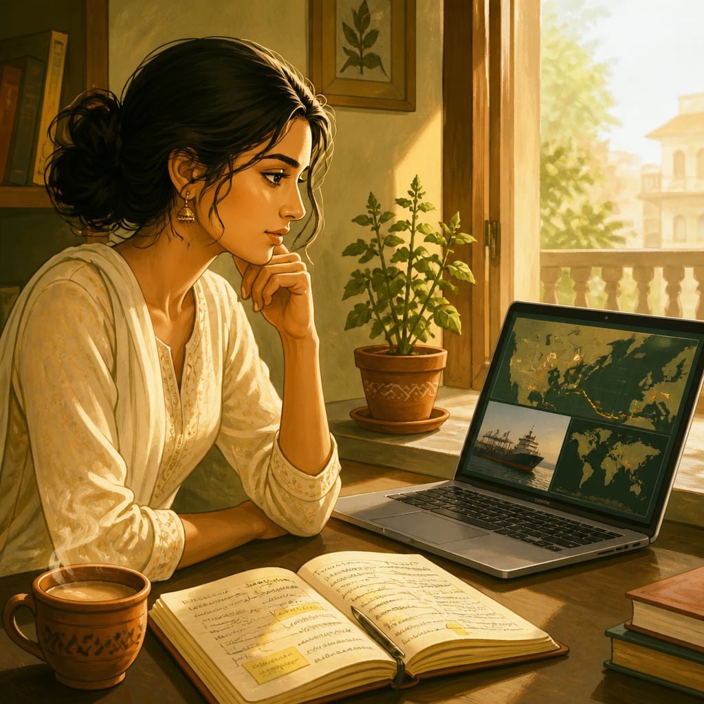 A young professional reading 2026 supply-chain news at her desk