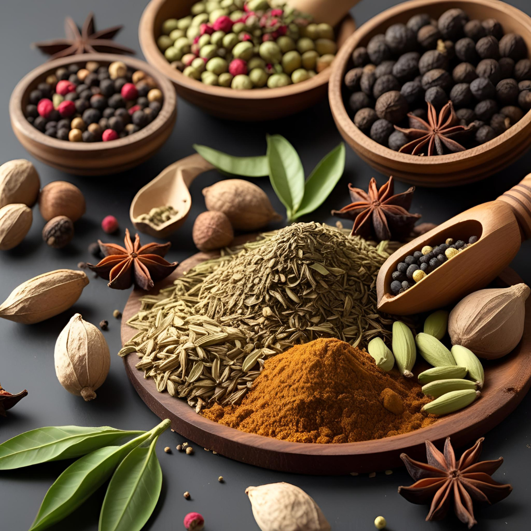 An assortment of colorful spices on a rustic white wooden table