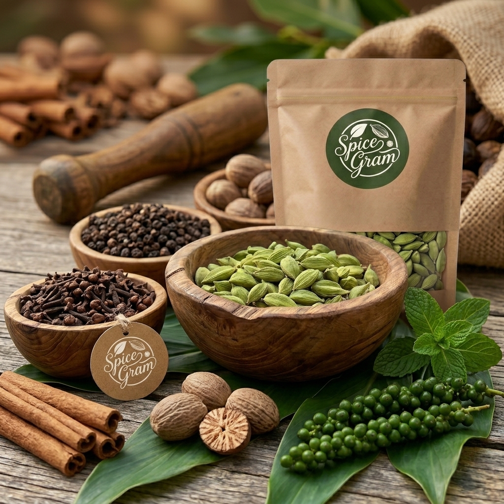 An assortment of colorful spices on a rustic white wooden table