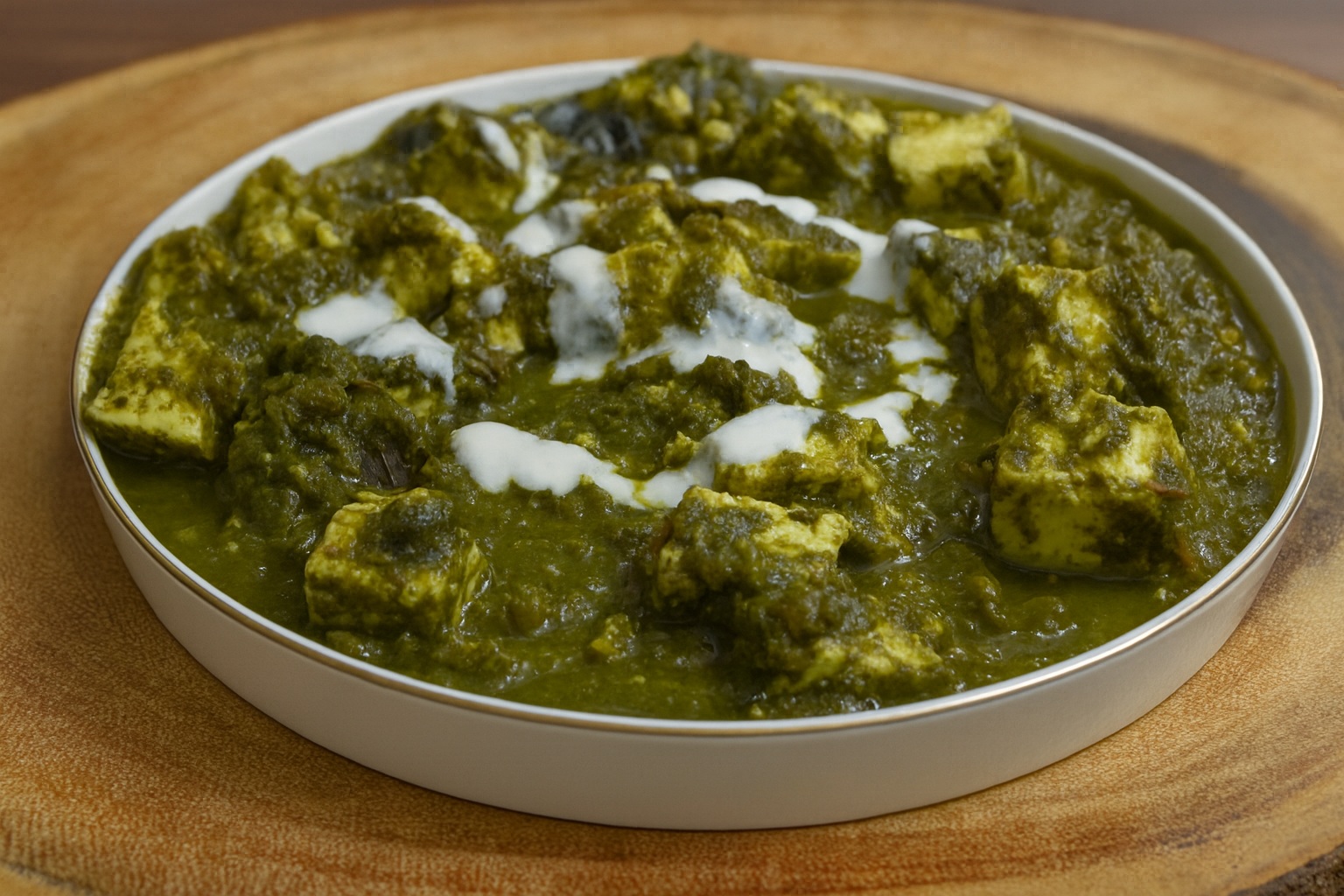 Vibrant green Palak Paneer with fresh cream swirl and paneer cubes