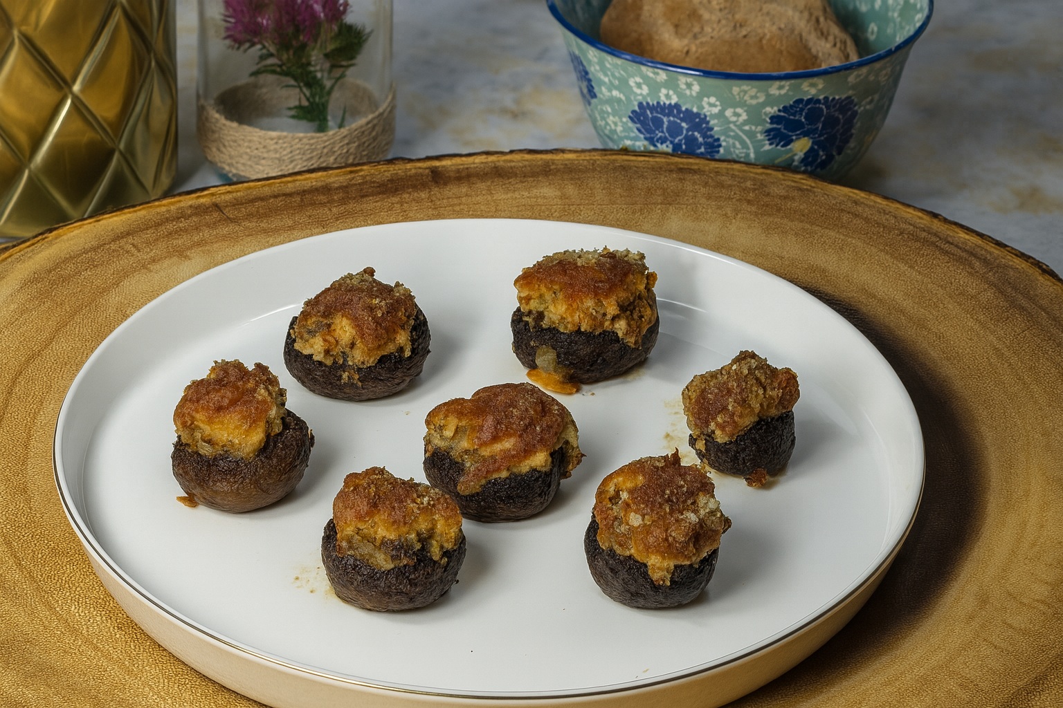 Golden creamy baked stuffed mushrooms marinated with dill and goat cheese