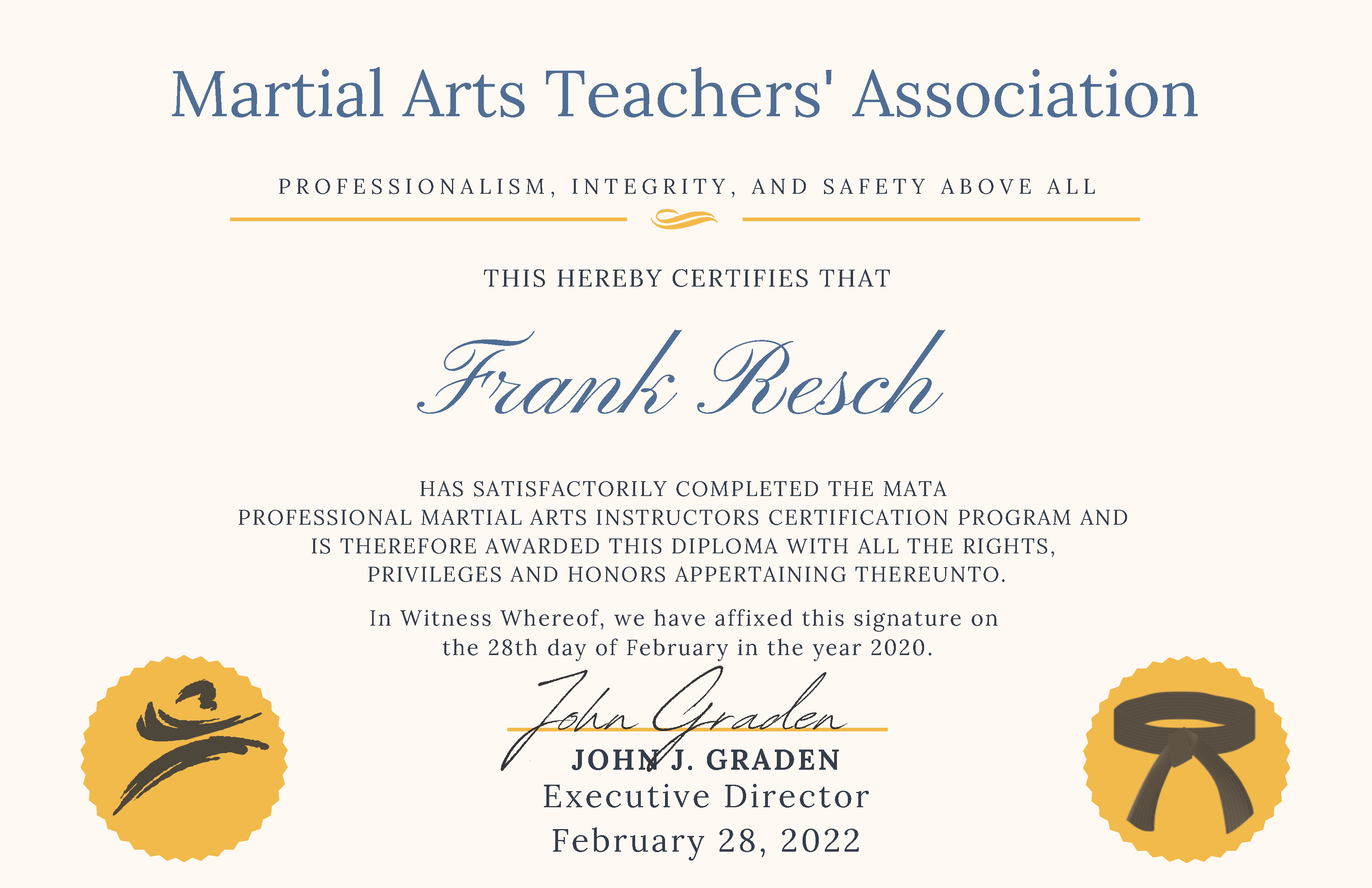 Frank Resch MATA Certificate