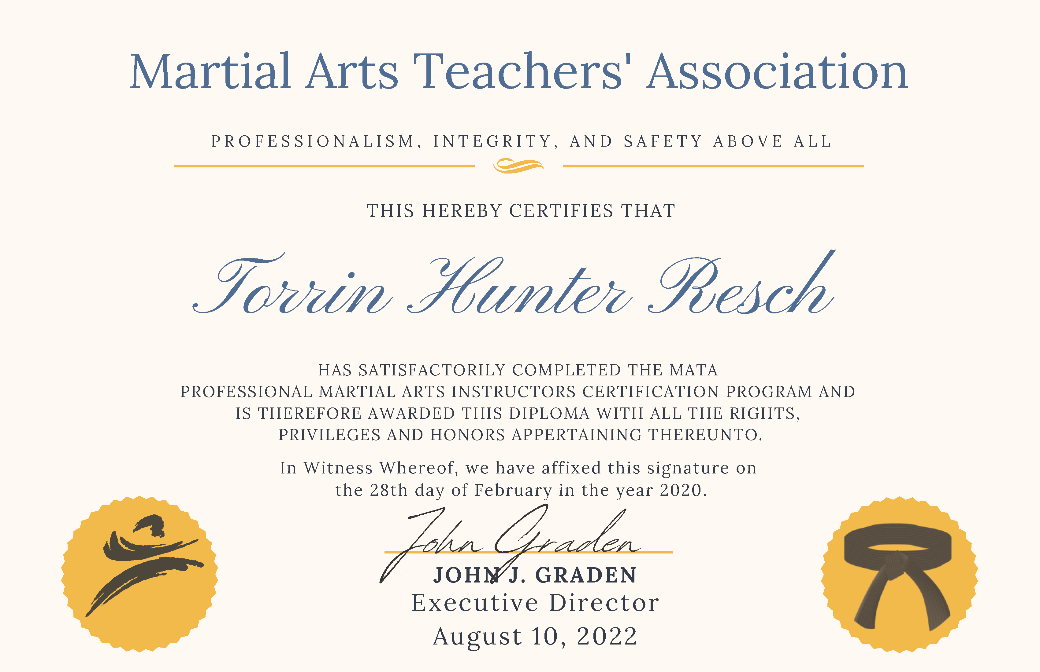 Torrin Hunter Resch MATA Certificate