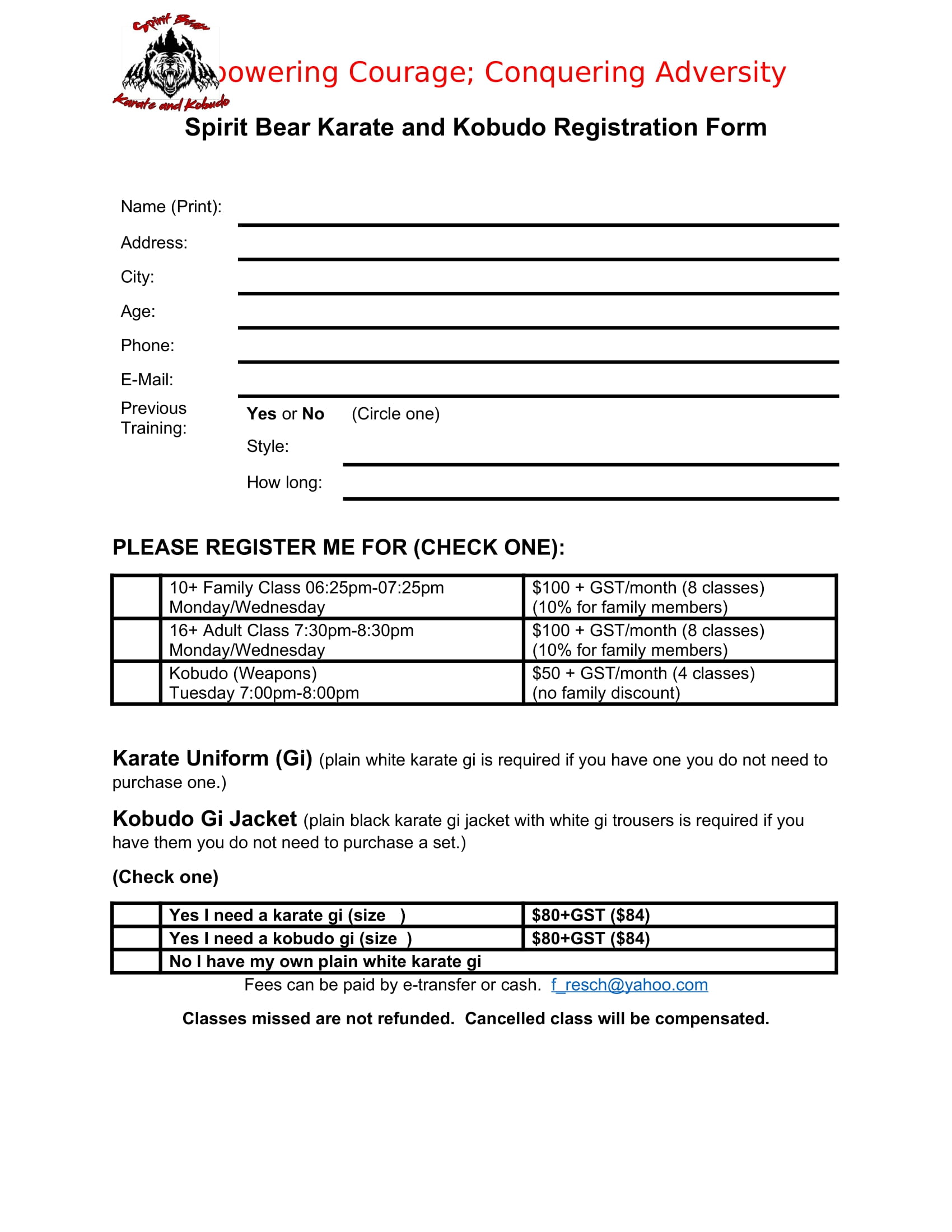 Spirit Bear Karate and Kobudo Registration Form
