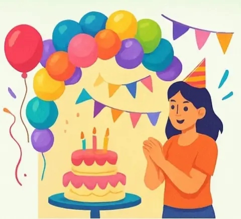 Colorful balloons and cake for birthday decoration