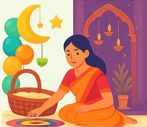 Bright festive decorations with lights and traditional elements