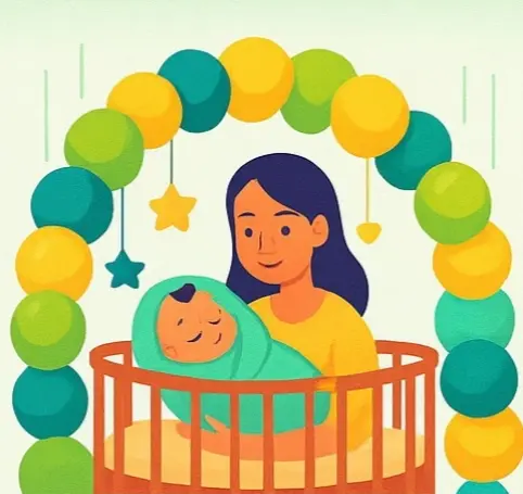 Newborn-themed decorations with crib and baby name banner