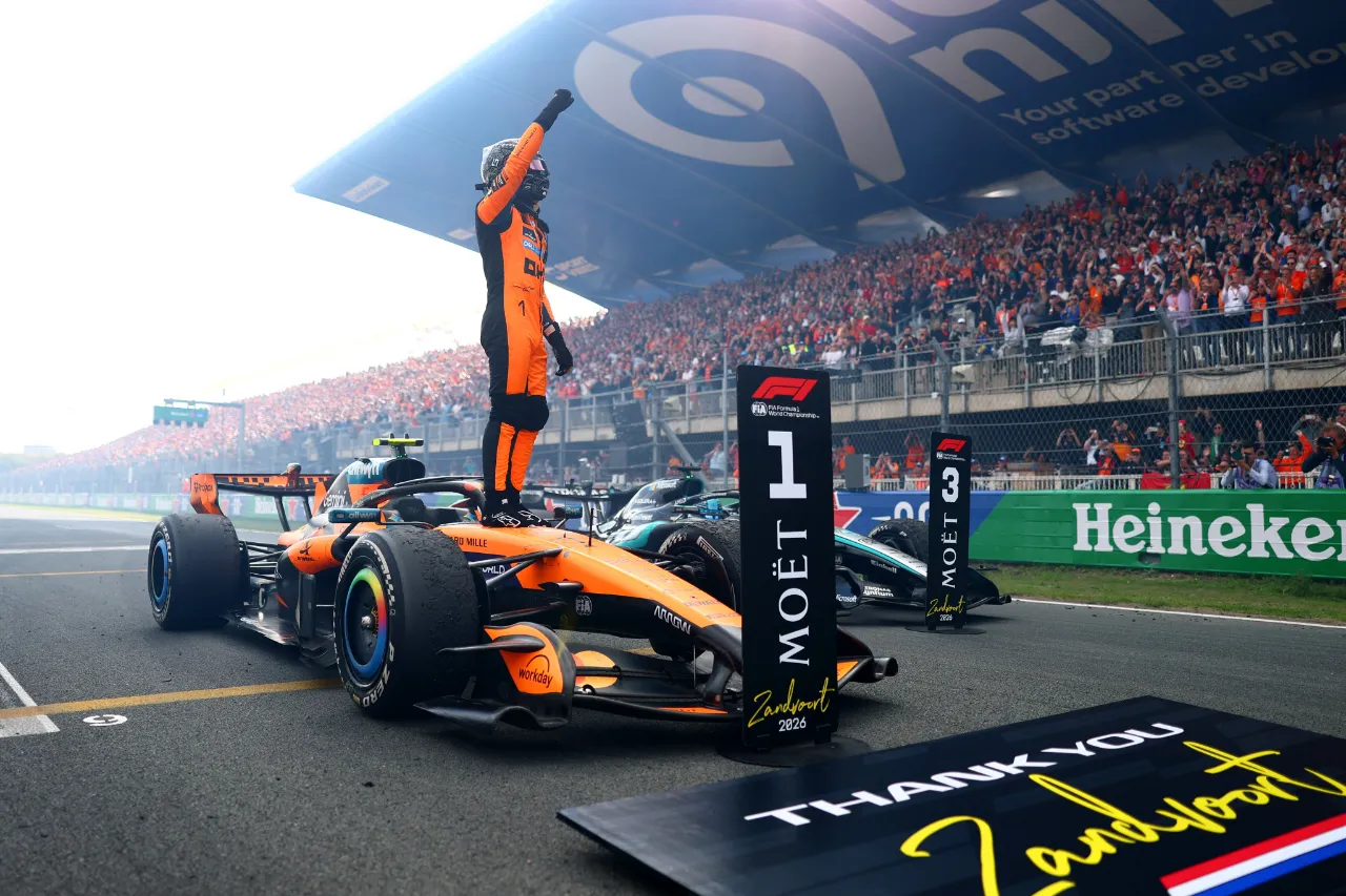 Lando Norris takes back-to-back F1 wins at Zandvoort, passing Kimi Antonelli as Max Verstappen crashes out on lap 1.