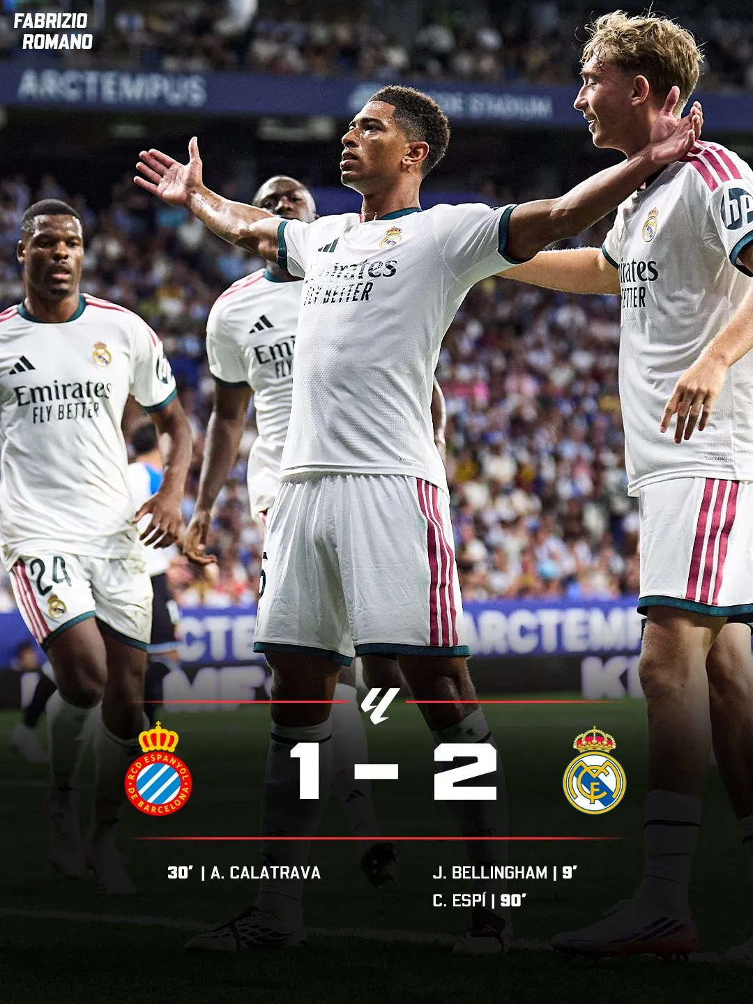 José Mourinho wins his first match back at Real Madrid as debutant Carlos Espí scores a 90th-minute winner against Espanyol following Jude Bellingham's opener