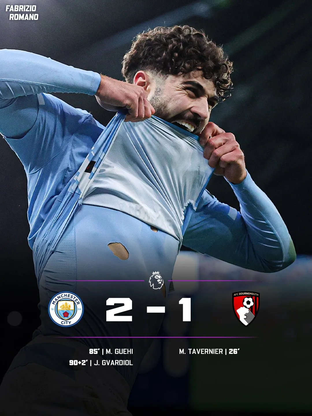 Manchester City 2-1 Bournemouth: Gvardiol & Guéhi complete late comeback