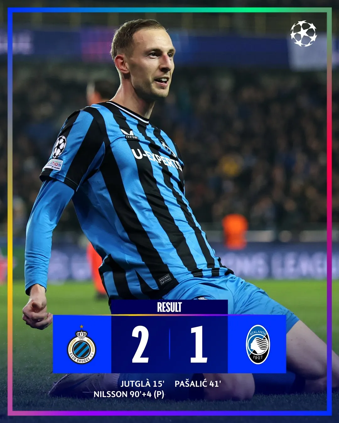 Club Brugge claim victory over Atalanta in UCL play-off 1st leg