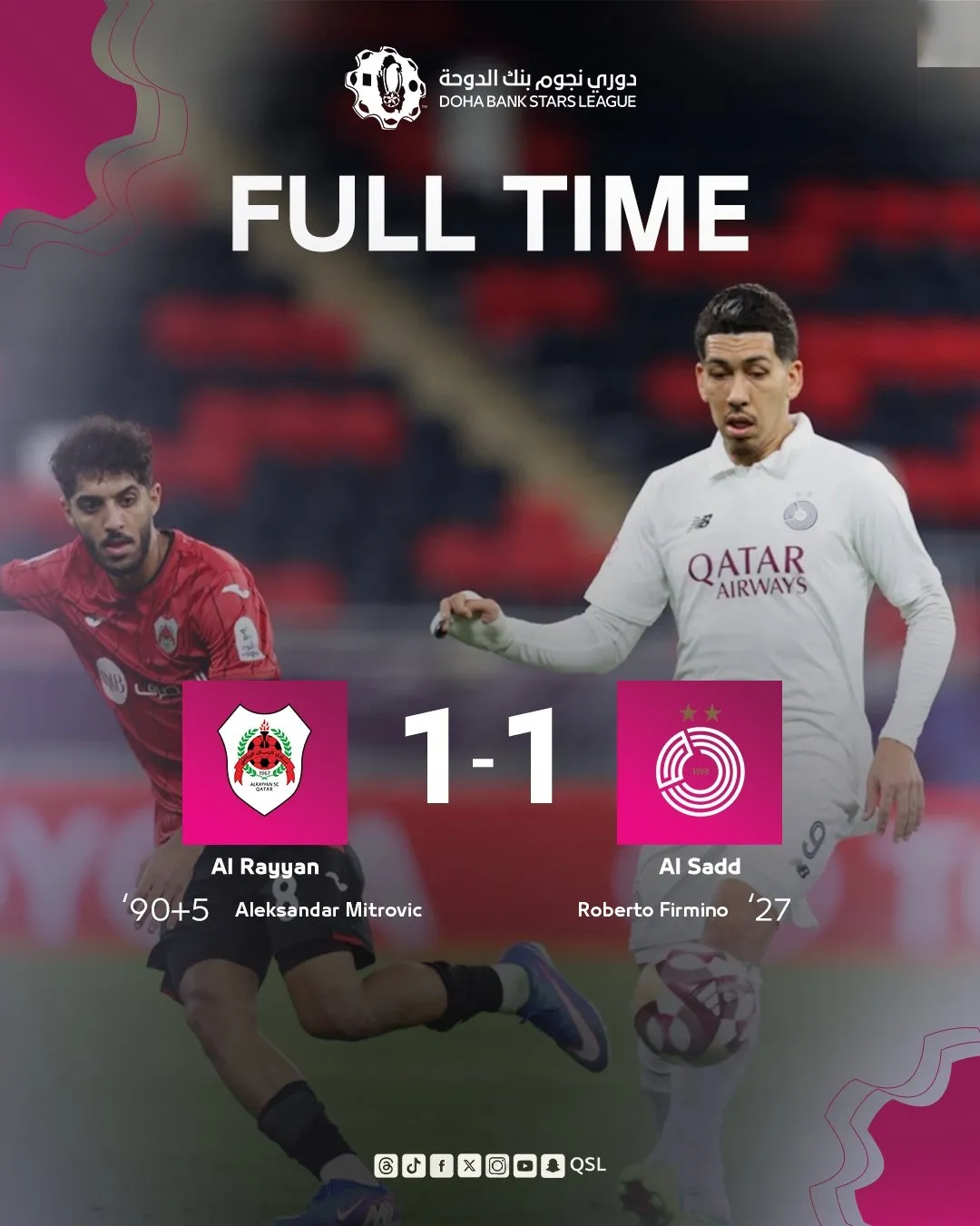 Al Rayyan hold Al Sadd to thrilling 1-1 draw in Qatar Clasico, Al Shamal beat Umm Salal