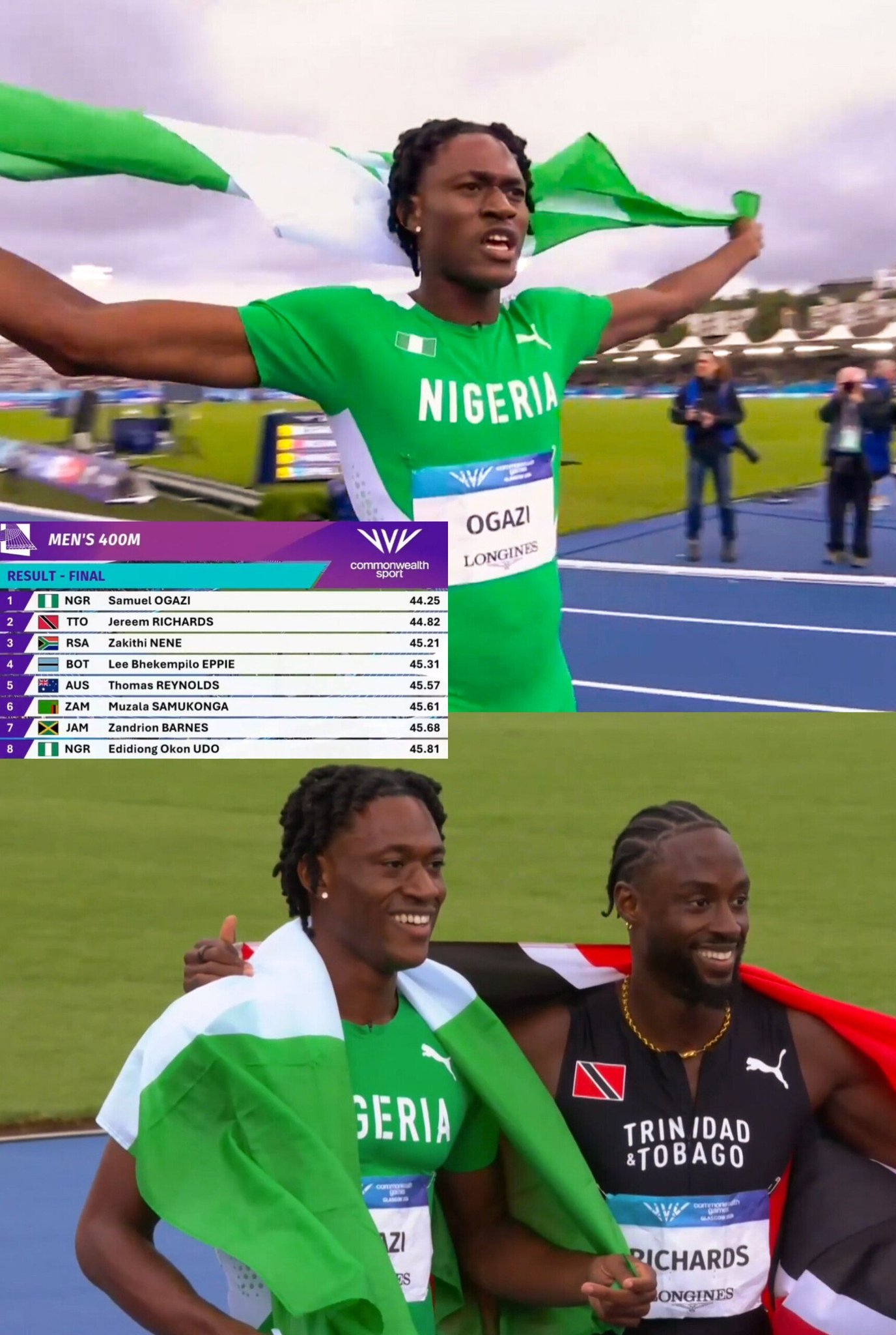 Glasgow 2026: Samuel Ogazi claims men’s 400m gold in blistering 44.25s victory