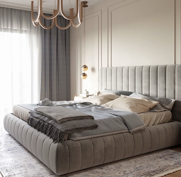 Modern Fabric Bed with Gas-Lift Storage & Floor-Standing Design