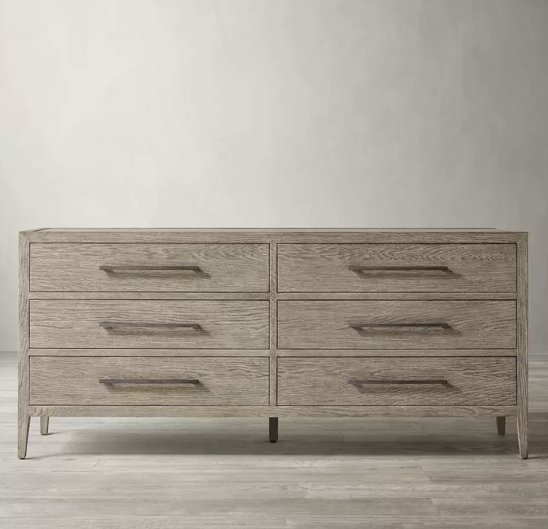 Mid Century Modern French Heritage Wire-Brushed Oak 6-Drawer Dresser