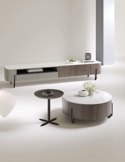 Modern Luxury TV Stand and Coffee table & Centre Table – Solid Wood & Sintered Stone Top Console with E1 Eco-Friendly Finish and Integrated Dual-Drawer Storage (Fully Assembled)