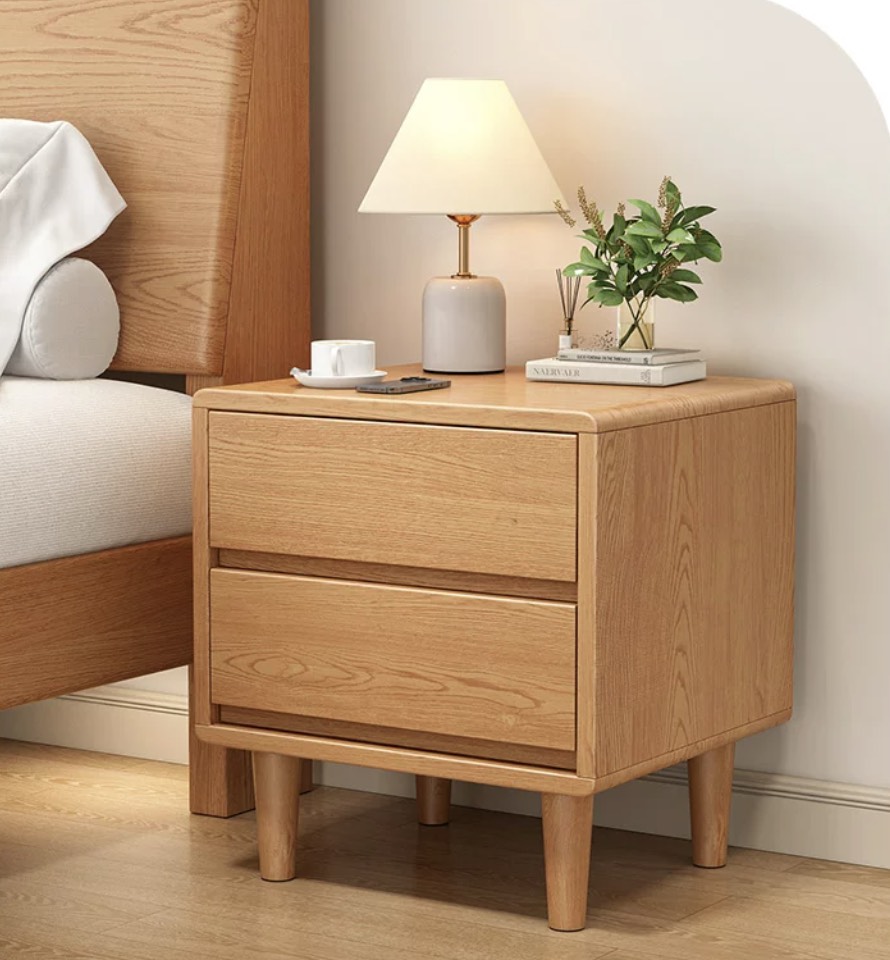 Contemporary Solid Oak Bedside Table: Minimalist 2-Drawer Storage Cabinet with Natural Wood Grain - Image 1