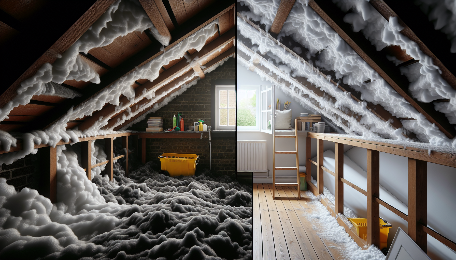 Before and after comparison of a loft with and without closed-cell spray foam.