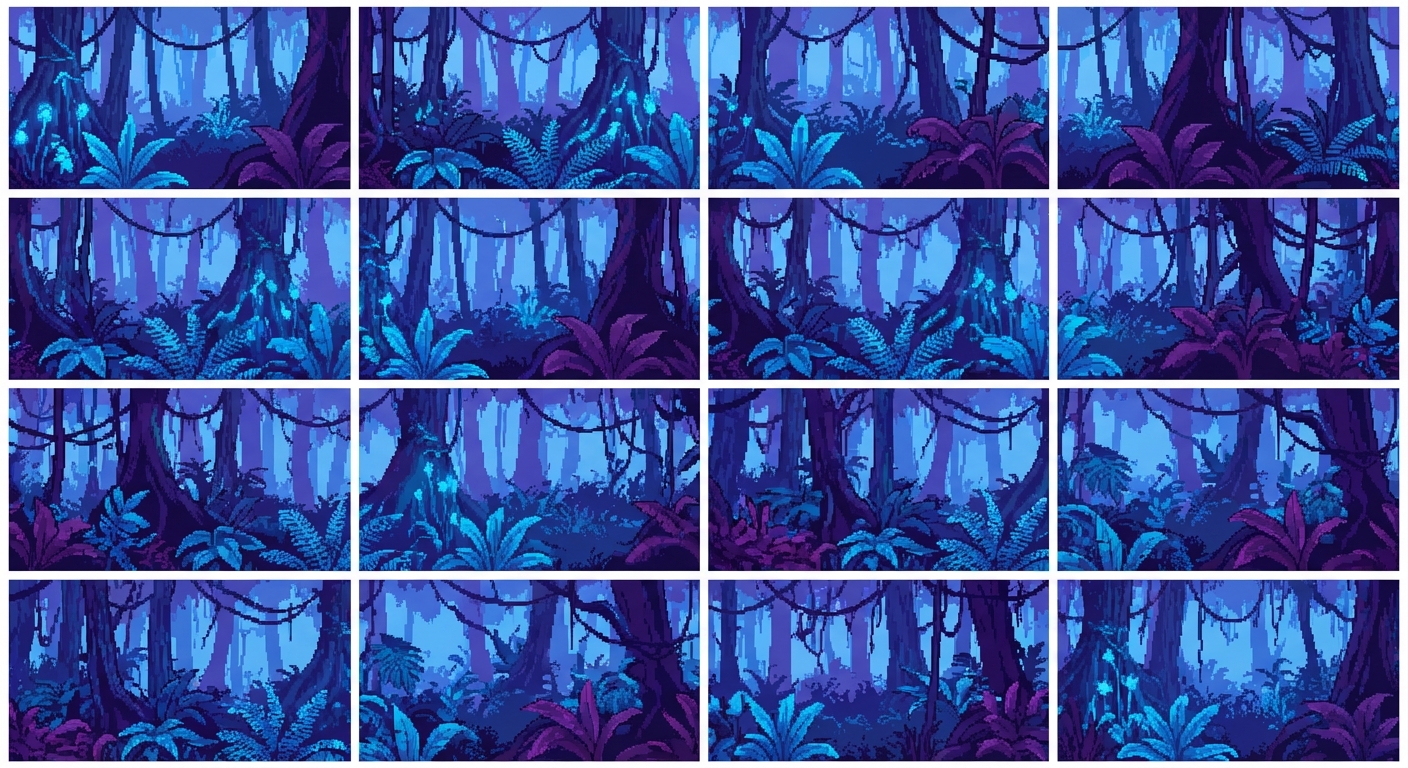 A rainforest background but the trees and plants are hues of blue and purple, in Pixel Art style