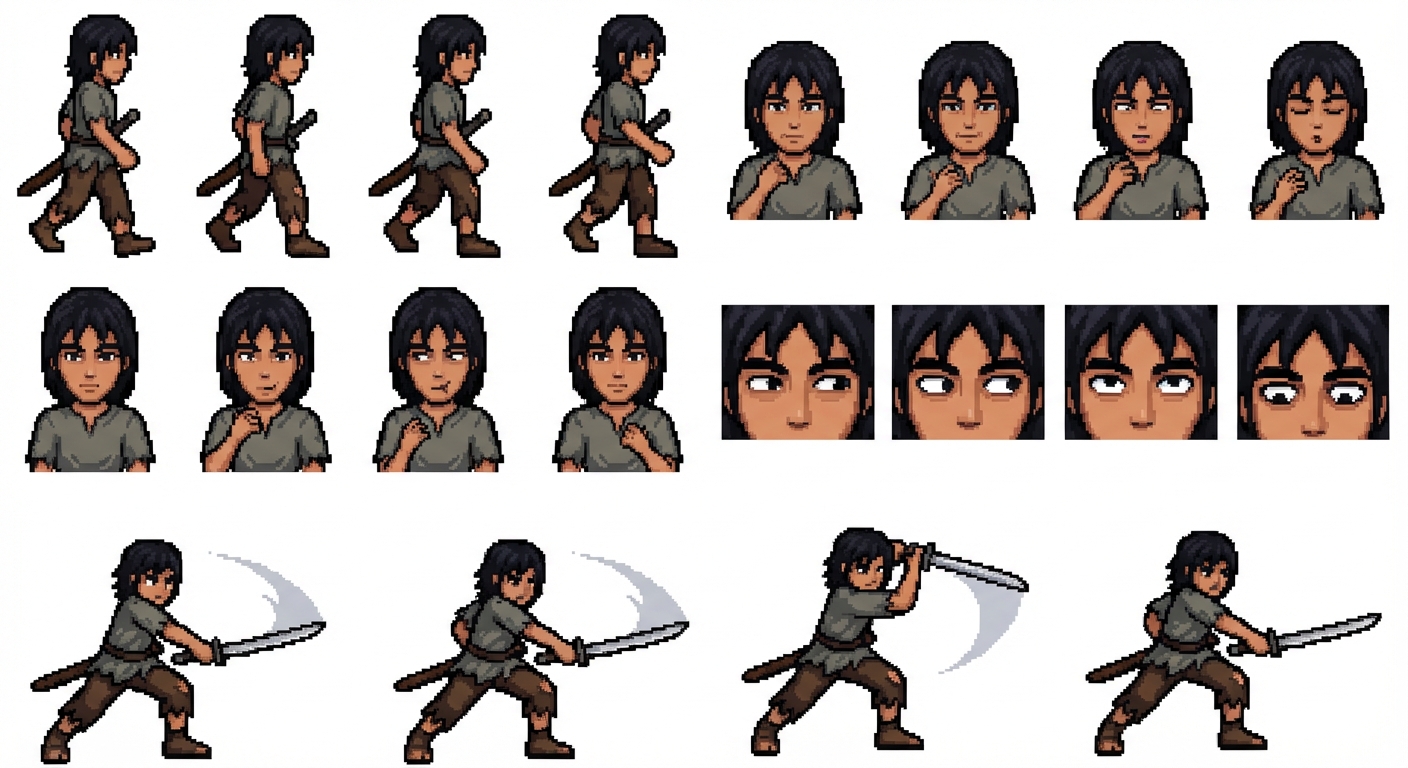 Walking, Talking, Eyes moving And Sword swinging animations for a 2d game with a character with dark hair and ripped clothes