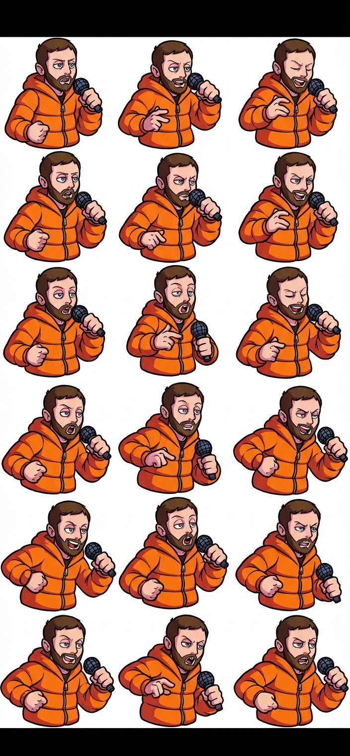 Create a spritesheet of a man with a orange puffer jacket rapping with Friday Night Funkin’ Style