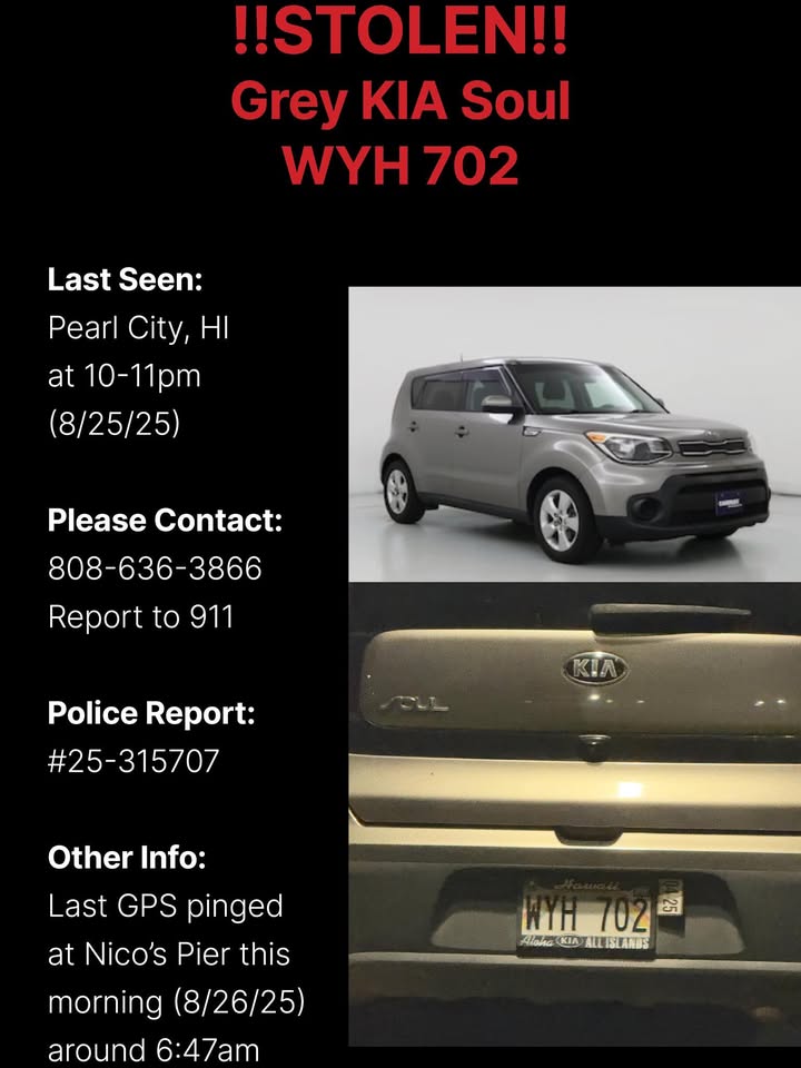 VEHICLE THEFT - Pearl City (Manana), Nico's Pier 38, Nimitz, Honolulu | Stolen Stuff Hawaii