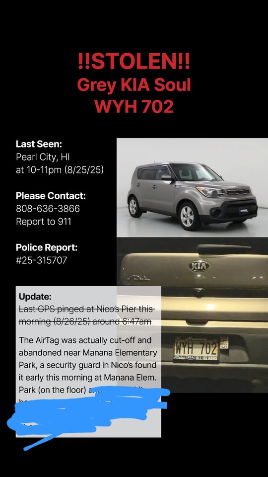 VEHICLE THEFT - Pearl City (Manana), Nico's Pier on Nimitz, Honolulu | Stolen Stuff Hawaii