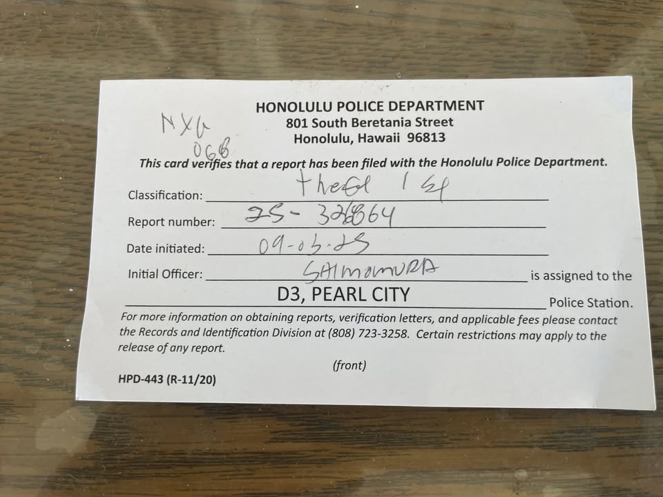 VEHICLE THEFT - Village Park, Oahu | Stolen Stuff Hawaii