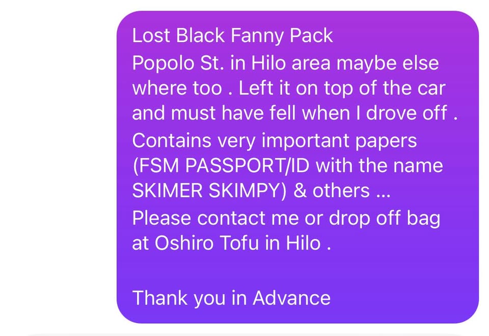 LOST ITEM - Hilo, Hawaii | Stolen Stuff Hawaii