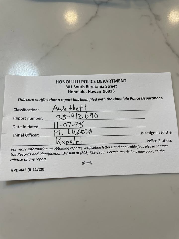 VEHICLE THEFT - Westloch Fairways, Makaaloa Street, Hawaii | Stolen Stuff Hawaii
