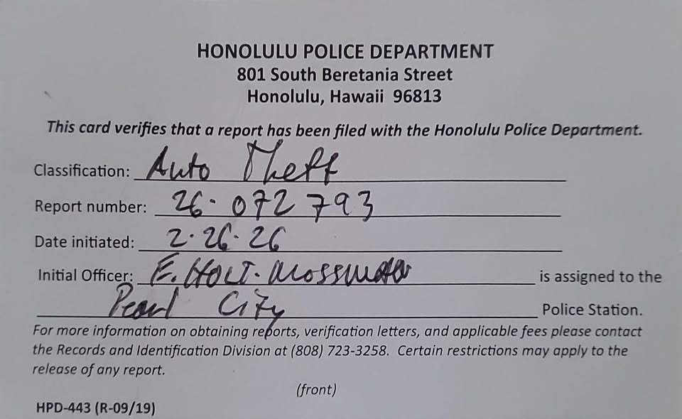 VEHICLE THEFT - Unknown | Stolen Stuff Hawaii