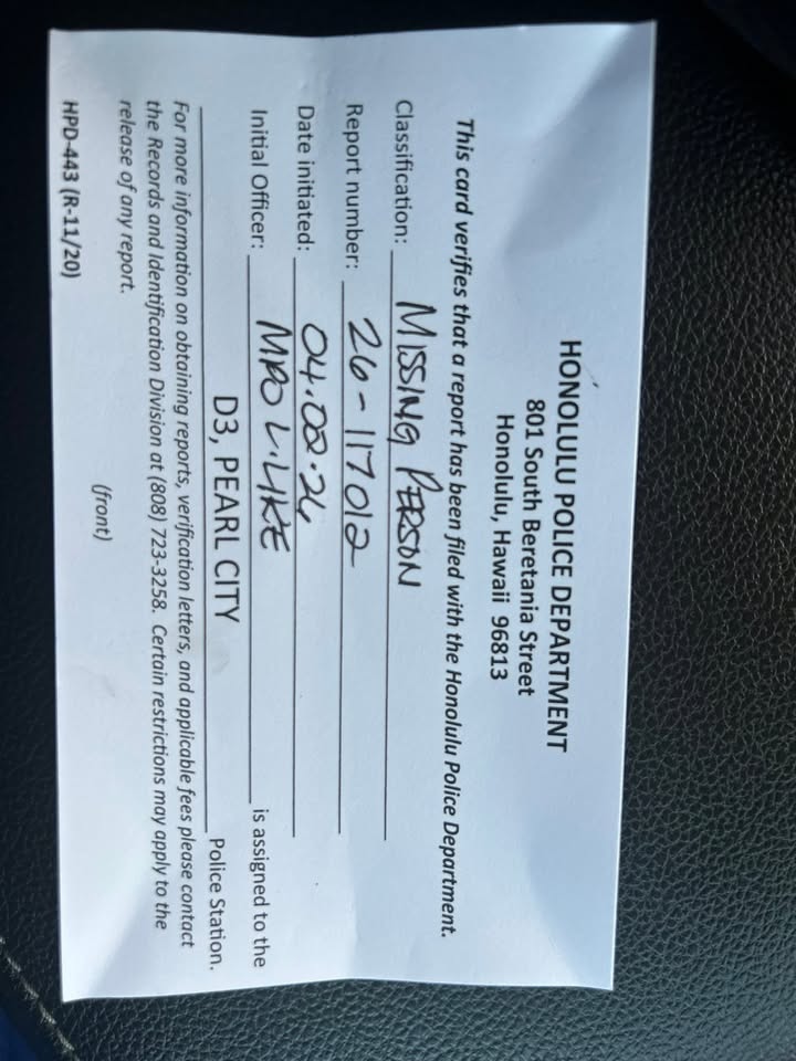 MISSING PERSON - Palisades, Pearl City, Aiea, Oahu | Stolen Stuff Hawaii