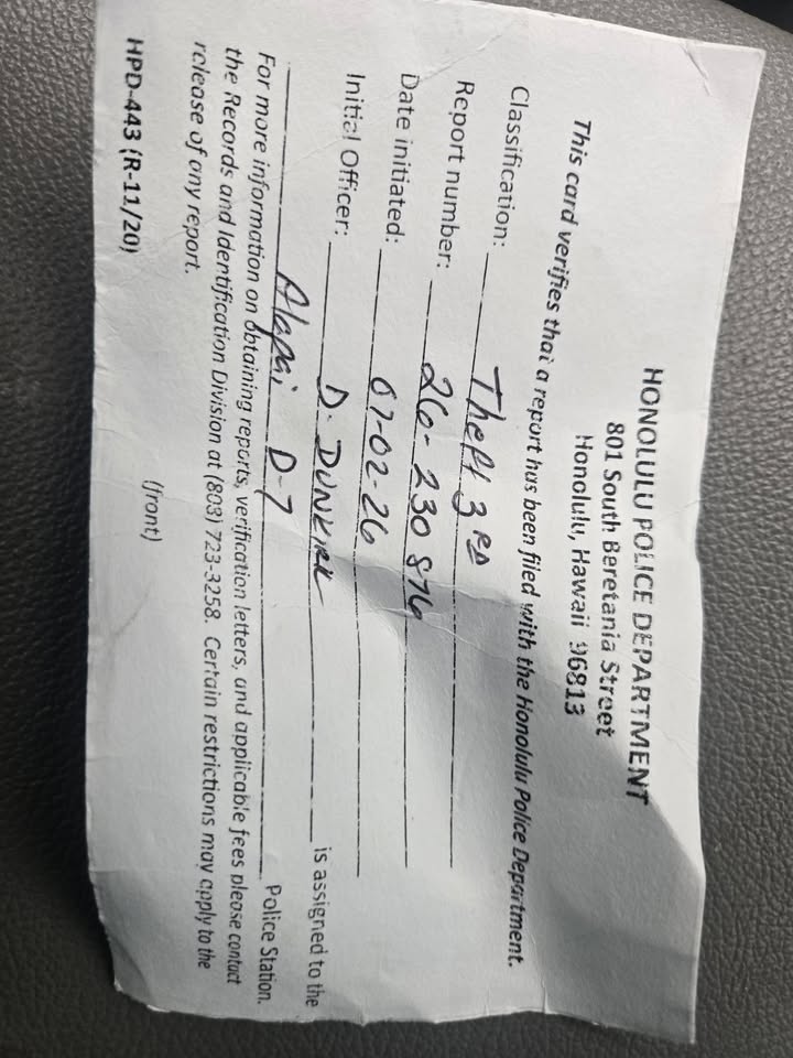 VEHICLE THEFT - Queens Medical Center, Honolulu, Oahu | Stolen Stuff Hawaii