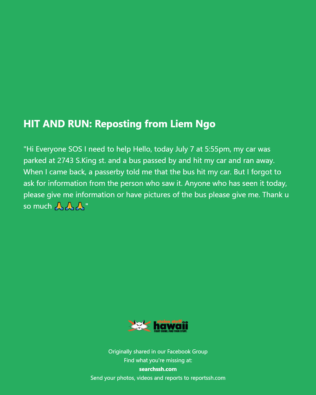 HIT AND RUN - 2743 S. King Street, Honolulu | Stolen Stuff Hawaii