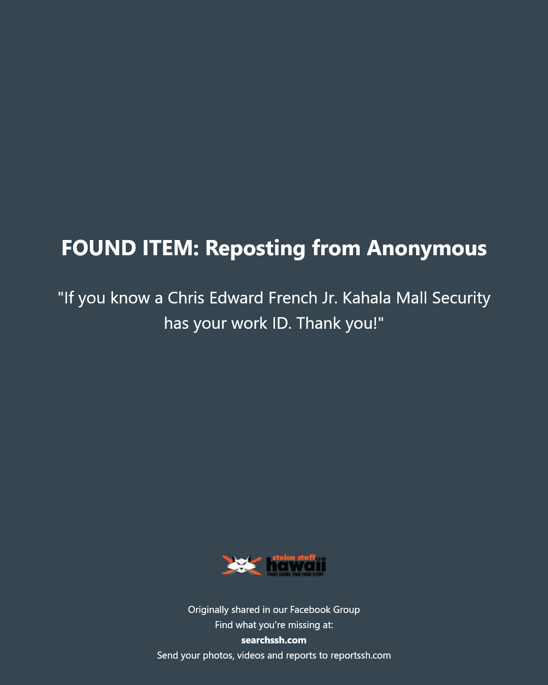 FOUND ITEM - Hawaii | Stolen Stuff Hawaii