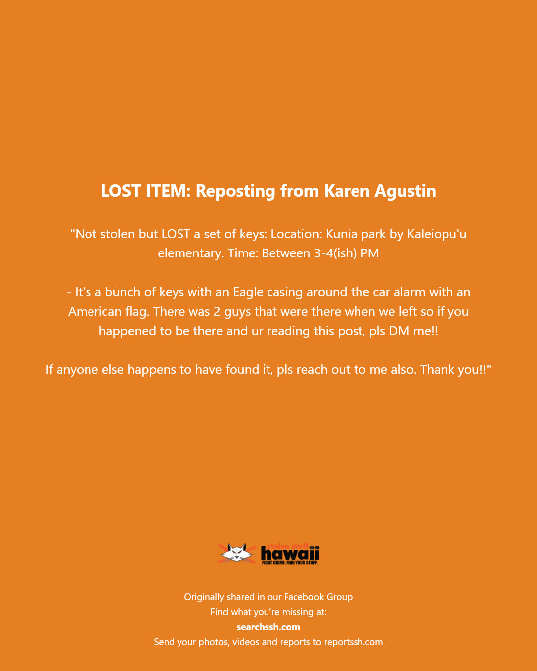 LOST ITEM - Kunia Park, Kaleiopu'u Elementary, Hawaii | Stolen Stuff Hawaii