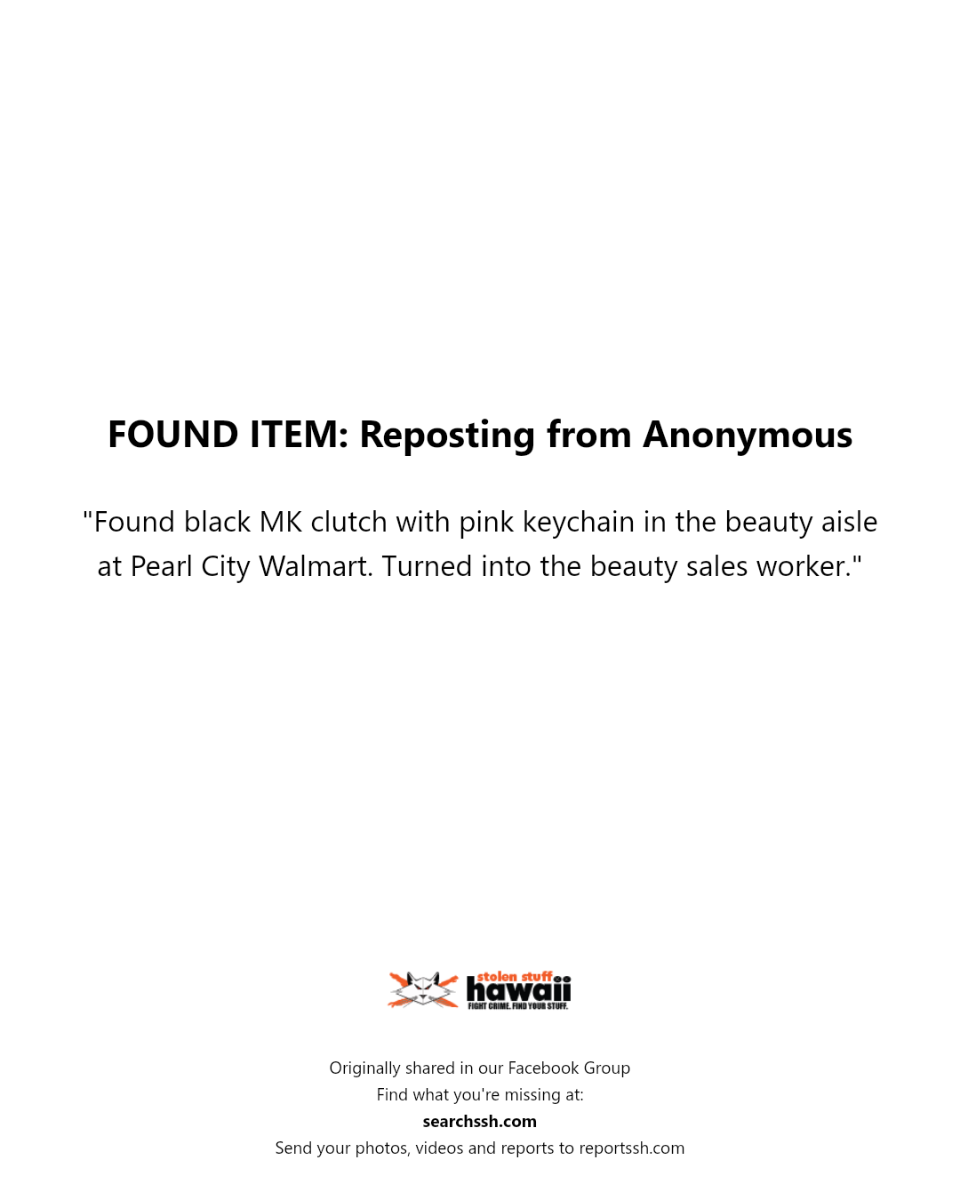 FOUND ITEM - Pearl City Walmart, Pearl City, Oahu | Stolen Stuff Hawaii