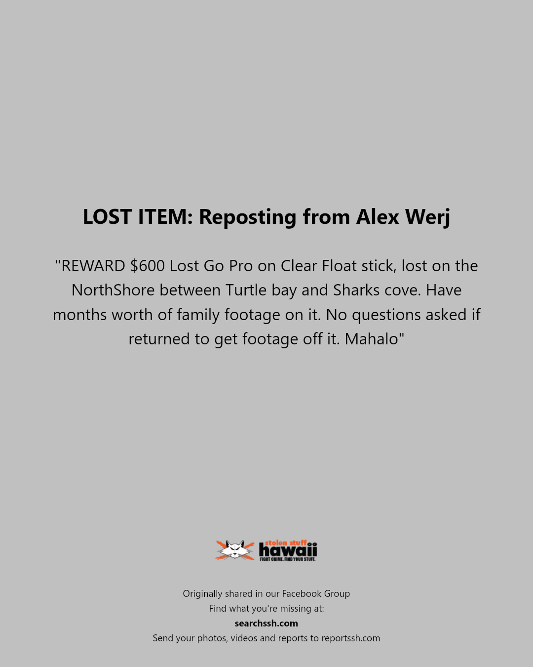LOST ITEM - North Shore, between Turtle Bay and Shark's Cove, Oahu | Stolen Stuff Hawaii