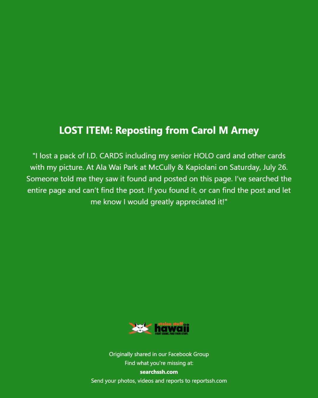 LOST ITEM - Ala Wai Park, McCully & Kapiolani, Honolulu, Oahu | Stolen Stuff Hawaii