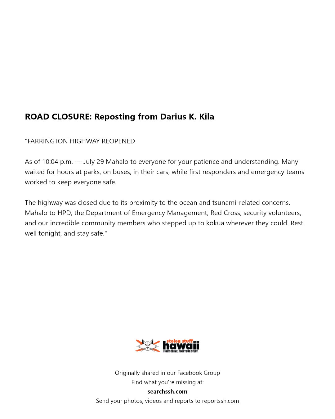 ROAD CLOSURE - Farrington Highway, Oahu | Stolen Stuff Hawaii