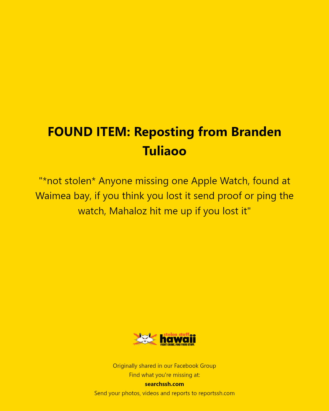 FOUND ITEM - Waimea Bay, Oahu | Stolen Stuff Hawaii