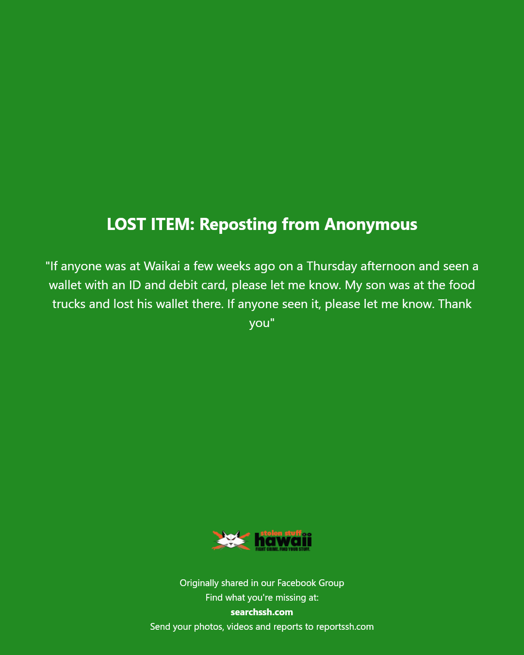LOST ITEM - Waikai, food trucks | Stolen Stuff Hawaii