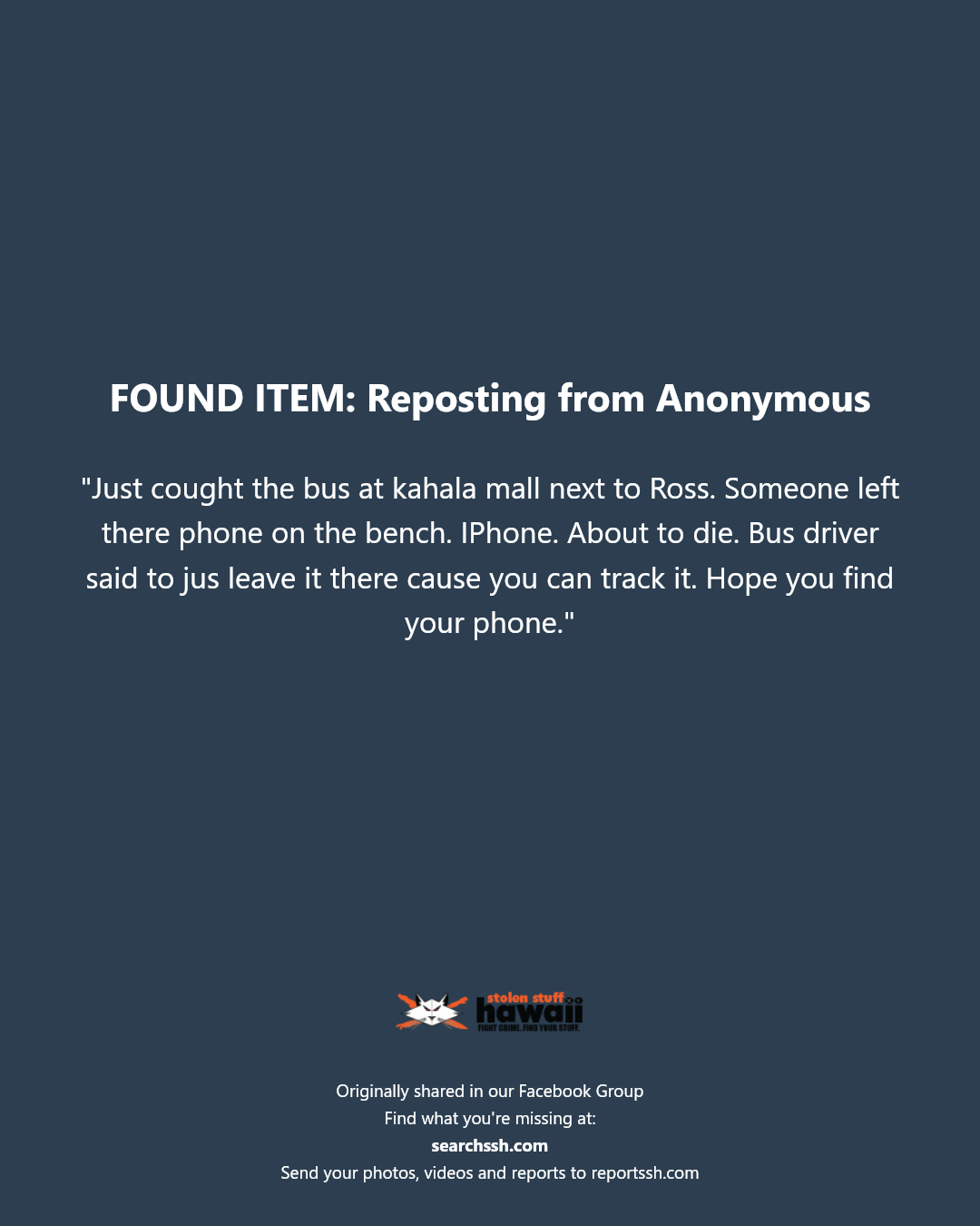 FOUND ITEM - Kahala Mall, Honolulu, Oahu | Stolen Stuff Hawaii