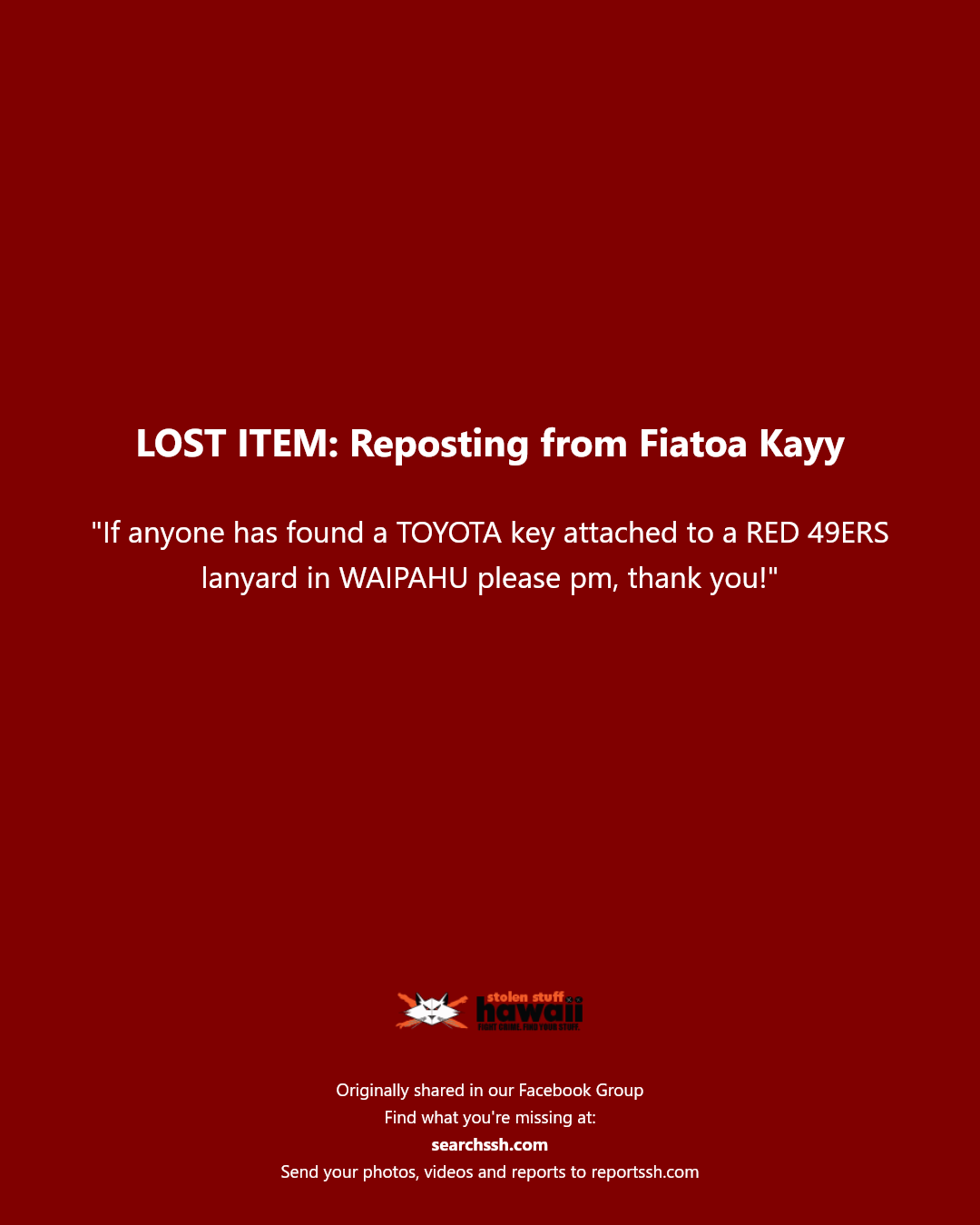 LOST ITEM - Waipahu, Oahu | Stolen Stuff Hawaii
