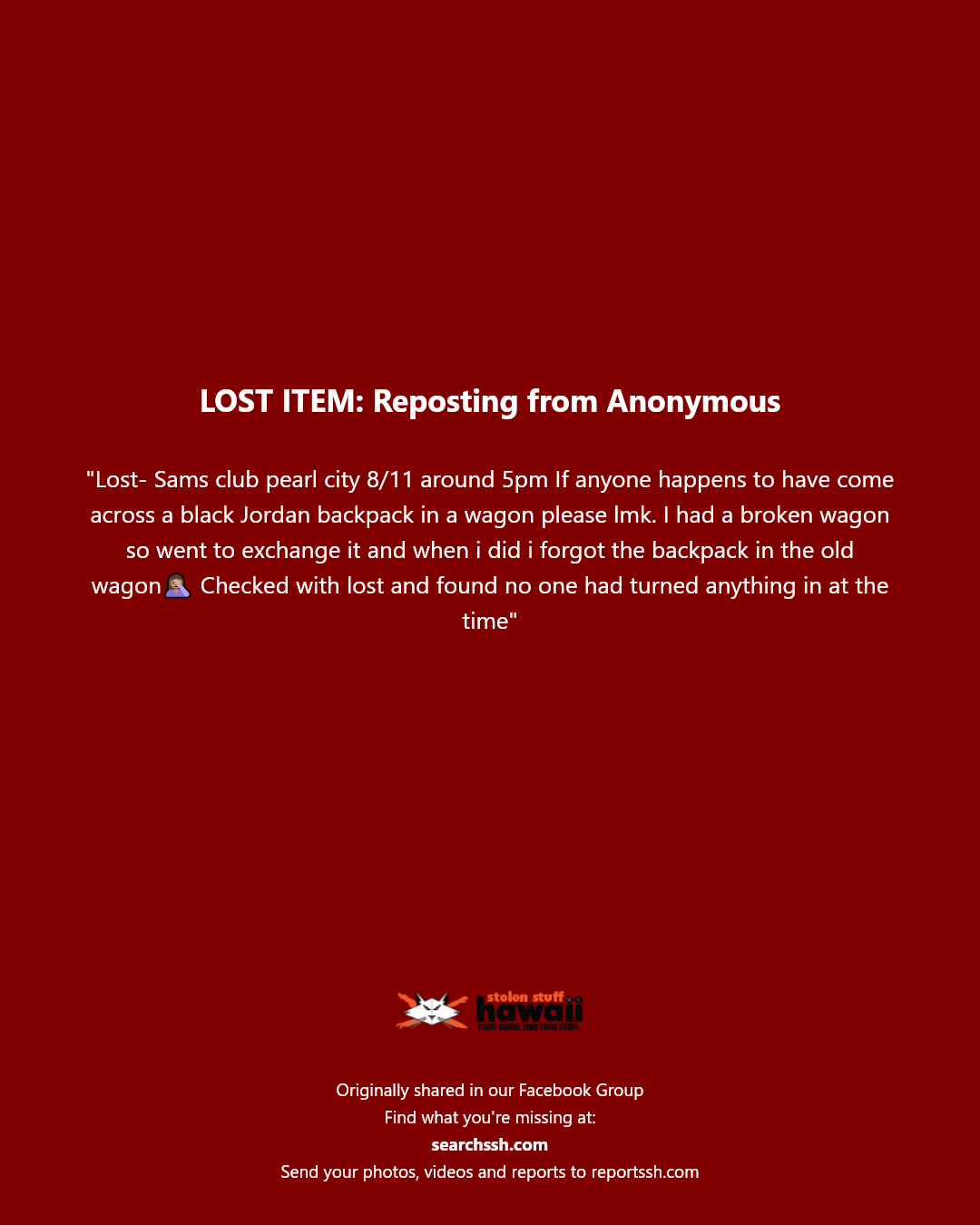 LOST ITEM - Sams Club Pearl City, Pearl City, Oahu | Stolen Stuff Hawaii