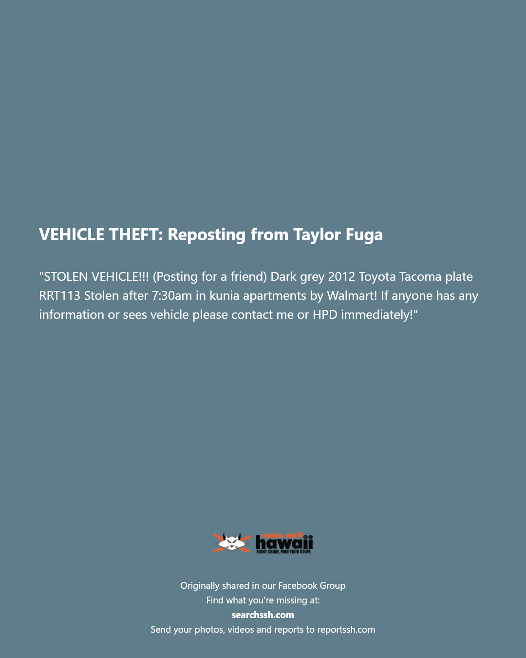 VEHICLE THEFT - Kunia Apartments, near Walmart, Oahu | Stolen Stuff Hawaii