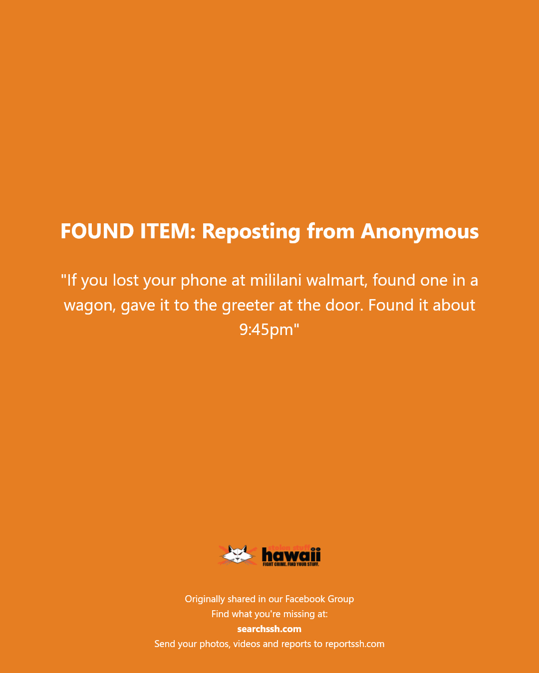 FOUND ITEM - Mililani Walmart, Mililani, Oahu | Stolen Stuff Hawaii